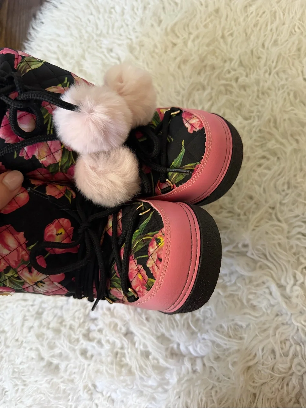 Dolce and Gabbana Pink Floral Quilted Winter Boots with Pom-Pom Accents